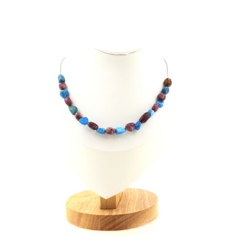 Collier 20 Perles Tourmaline Rubellite Du Brésil + Apatite Bleu Du Collier Femmes, Hommes. Taille Personnalisable.