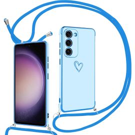 Collier Cordon Coque Pour Samsung Galaxy S23 Motif Coeur D'amour Mignon Galaxy S23 Laniere Avec Cordon Reglable Lanyard Silicone Anti-Chute Housse Etui Pour Samsung Galaxy S23, Blau
