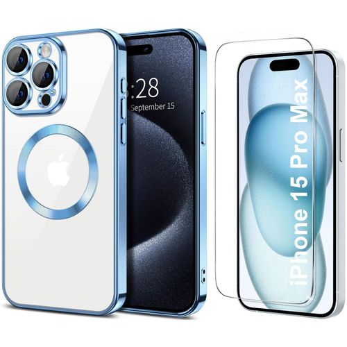 Coque Silicone Pour Iphone 15 Pro Max Couleur Bleu Compatible Magsafe + Verre Trempe Protection Ecran Little Boutik®
