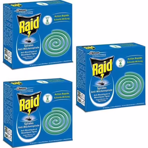 Raid Spirales Anti-Moustiques et Moustiques Tigres lot de 3 x 10 Spirales pour Usage Extérieur + 1 Socle Métallique