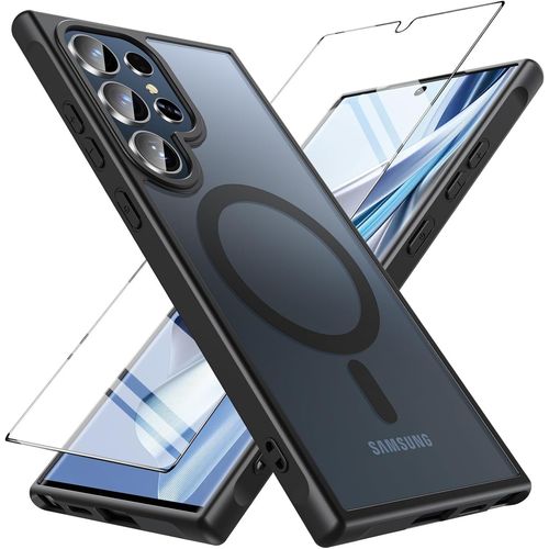 Magnétique Coque Pour Samsung S24 Ultra,Coque S24 Ultra, Antichoc Avec Verre Trempé Pour Magsafe, Translucide Mat Protection Housse Etui Case Pour Samsung Galaxy S24 Ultra Noir