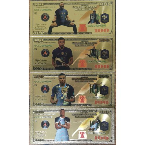 Lot 4 Billets 100 Dollars Commémoratifs Kilian Mbappe Paris Psg Fff Polymère Or