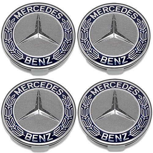 A1714000125 5337 Lot De 4 Caches Moyeu De Roue Motif Mercedes-Benz Étoile Avec Couronne De Laurier, Bleu, Diamètre 75 Mm Pour Classe E, Classe C Cl Cls Slk Ml Glk, Classe A, Classe B W