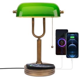 Lampe De Banquier Verte, Lampe De Bureau, Chevet Rétro, Lecture E27 Lampe De Table, Interrupteur À Tirette En Laiton Vintage Lampe De Chevet Pour La Chambre