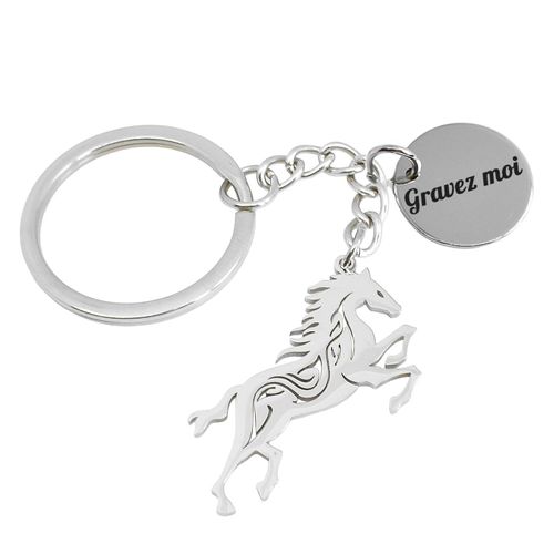 Porte-Clés Cheval Au Galop Ajouré En Acier Gravure Personnalisée Sur Médaille