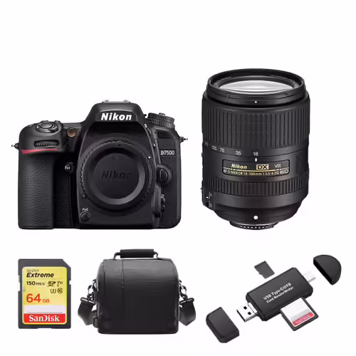 NIKON D7500 reflex 20.9 mpix + Objectif AF-S 18-300MM F3.5-6.3G ED VR DX + 64GB SD card + Sac + Memory Card Reader