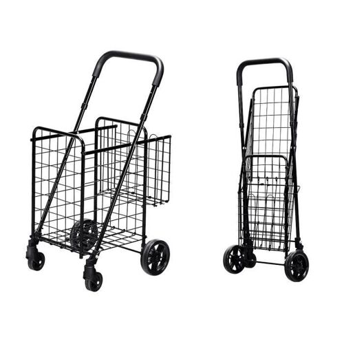 COSTWAY Chariot de Marché Pliable - 4 Roues - 2 Panier (48L+10L), en Acier -Charge max.: 20 KG - Caddie Courses-Noir