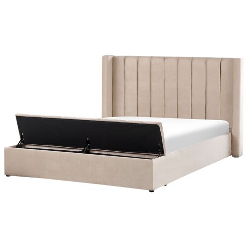 Lit double en velours beige avec banc coffre 180 x 200 cm NOYERS
