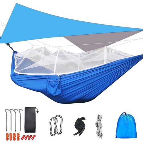 300kg Portable Double Camping Hamac Parachute Tissu Avec Moustiquaire,Bleu