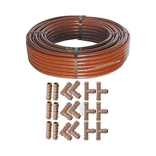 Pack de 50m Tuyau d'arrosage goutte à goutte 16mm marron + 6 tés + 6 coudes + 6 liens, Suinga