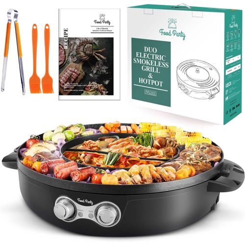 Appareil Fondue Chinoise Hot Pot Electrique et Barbecue Coréen Intérieur électrique 220V 2200W 2 in 1 Hotpot Wok BBQ Raclette sans Fumée pour 2 à 8 Personnes
