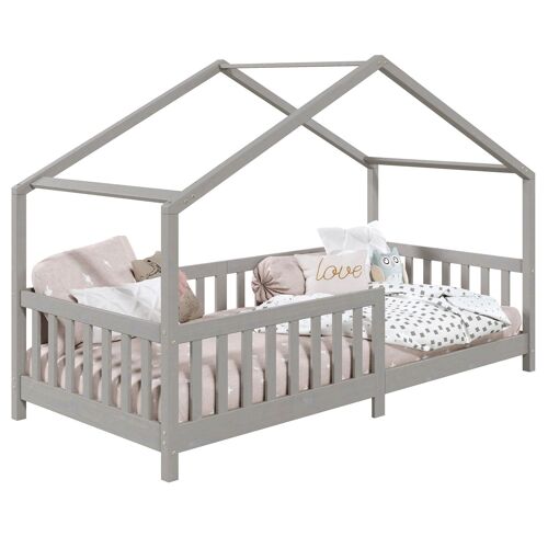 Lit cabane LISAN lit simple en bois pour enfant 90 x 200 cm, en pin massif lasuré gris