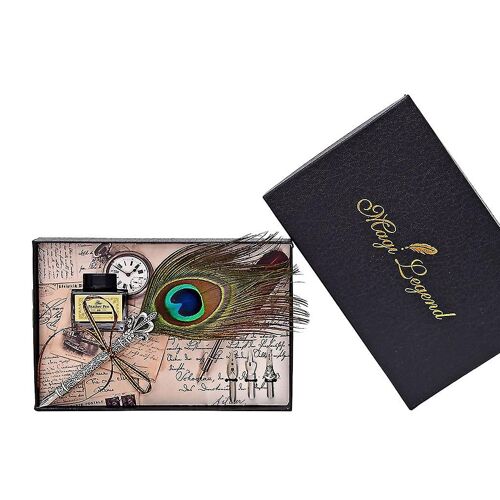 Vintage Handmade Peacock Feather Quill Dip Plum Pen + Writing Ink 3 Nibs Kit