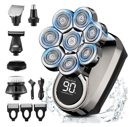 Rasoir Electriques Hommes,Tondeuse Cheveux Et Barbe 6-En-1, Rotatives 8d Étanche Rasoir À Tête Chauve Wet&dry Electric Shaver