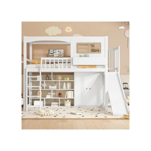 Lit Superposé Avec Barrières De Sécurité, Beaucoup D'espace De Rangement, Pin + Mdf + Planches, Blanc, 90x200 Cm