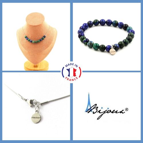 Parure Bijoux Bracelet Collier 10 Perles Azurite Chrysocolle 8 Mm. Taille Personnalisable.