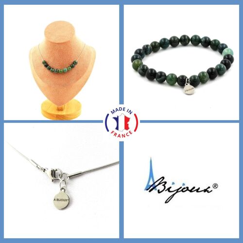 Parure Bijoux Bracelet Collier 10 Perles Agate Mousse 8 Mm. Chaine En Taille Personnalisable.
