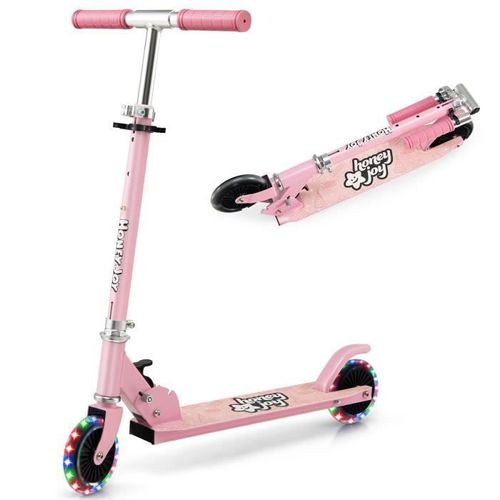 Costway Trottinette Enfant Pliable 2 Roues Clignotantes Automatiques Hauteur Réglable Poignée Tpr Alliage D'aluminium 3-8 Ans Rose