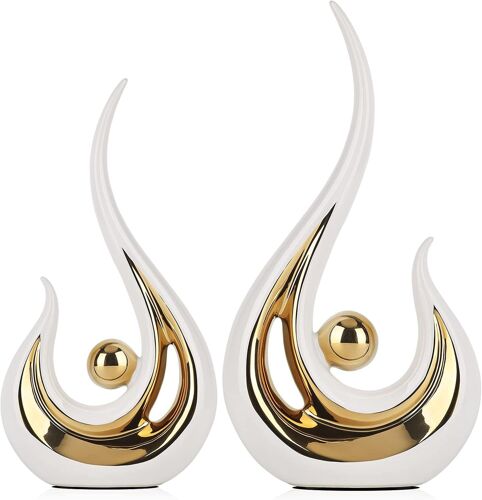 Accent De Décoration Pour La Maison Blanc Et Or - 2 Pièces, Statues Et Sculptures En Céramique D'art Abstrait Moderne, Pour Décorations De Table, Salle À Manger, Salon, Centre De Bureau, Table Basse