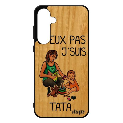Coque en bois silicone Samsung A55 5G j'peux pas j'suis tata enfant texte tante bande dessinée orange jpeux drole humour je galaxy