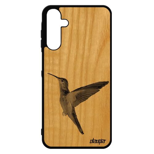 Coque En Bois Veritable Samsung Galaxy A15 4g 5g Silicone Colibri Noir Smartphone Gris Ecolo Oiseau Ecologie Animal Made In France