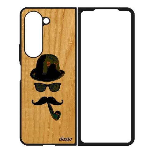 Coque En Bois Samsung Z Fold 5 Silicone Homme Moustache Monsieur Telephone Tendance Art Case Vintage Pipe De Protection Vert Galaxy