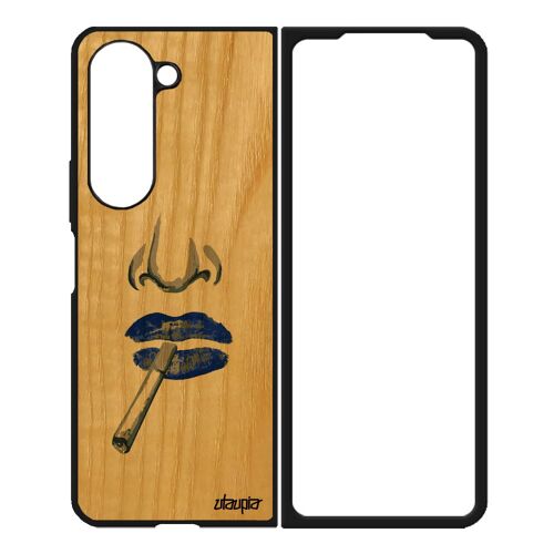 Coque Bois Samsung Z Fold 5 Silicone Visage Levres Bouche Cigarette Art Clope Dessin Abstrait Smack Etui Case Femme Bleu De Galaxy