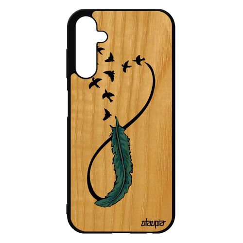 Coque Pour Samsung A25 5g Bois Silicone Infini Ciel Tpu Pastel Case Oiseau Tatouage Bleu Eternel Cadeau Saint Valentin Plume Galaxy