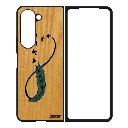 Coque Pour Z Fold 5 En Vrai Bois Silicone Infini Telephone Univers Oiseau Plume Fille Smartphone Tatouage Eternel De Samsung Galaxy