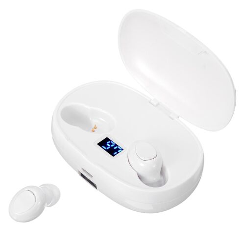 écouteur Bluetooth 5.0 avec bouton de casque sans fil à double affichage numérique avec boite de chargement portable, blanc