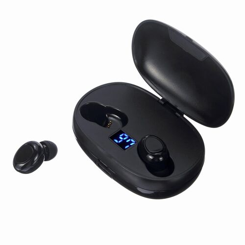 écouteur Bluetooth 5.0 à double affichage numérique avec véritable bouton de casque sans fil avec boitier de charge portable, noir