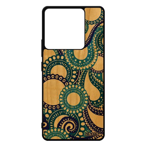 Coque Xiaomi Redmi Note 13 Pro 5g Bois Veritable Silicone Motif Cachemire Frêne Coloré Noir Indien Impression Bleu Portable Bumper