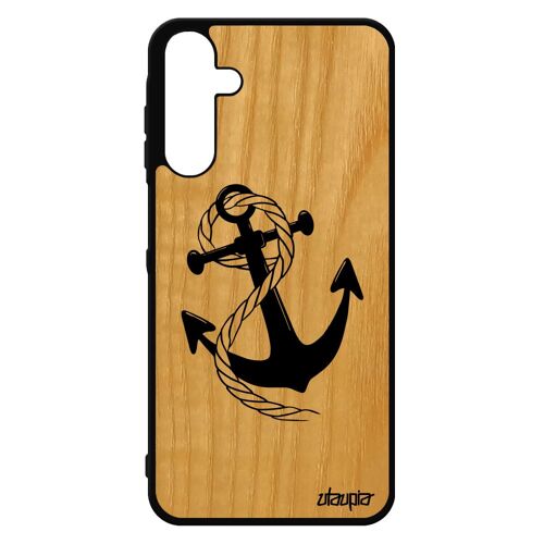 Coque Samsung A15 4g 5g Bois Silicone Ancre Marinière Chaine Rayure Portable Noir De Bateau Original Rayé Vintage Corde Etui Galaxy