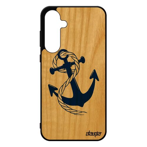 Coque Silicone Galaxy A55 5g Vrai Bois Ancre Chaine Original Etui Ocean Noir Rayé Rigide Bleu Fantaisie De Bateau NUd Corde Samsung