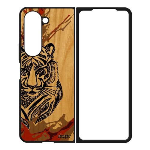 Coque En Bois Galaxy Z Fold 5 Silicone Tigre Fauve Noir Art Tribal Ethnique Case Coloré Homme Rigide Marron Azteque Animal Samsung