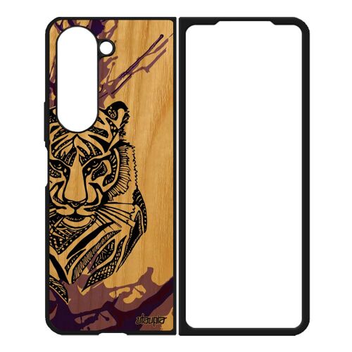 Coque Telephone Samsung Z Fold 5 En Bois Silicone Tigre Femme Predateur Gel Rigide Case Ethnique Feroce Violet De Protection Galaxy