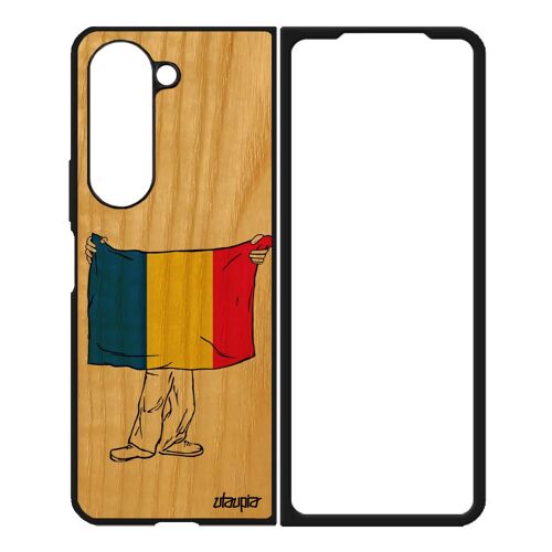 Coque Silicone Pour Z Fold 5 En Bois Veritable Drapeau Roumanie Roumain Foot Coupe Du Monde Football Telephone Design Samsung Galaxy