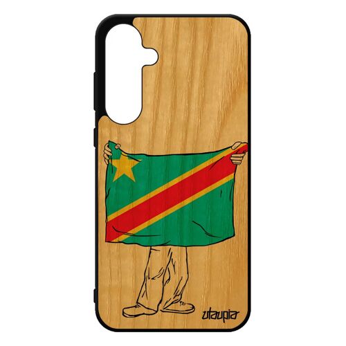 Coque Bois Samsung Galaxy A55 5g Silicone Drapeau Rdc Congo Kinshasa Congolais Coupe D'afrique Case Sm-A556e/Ds Noir Football Basket