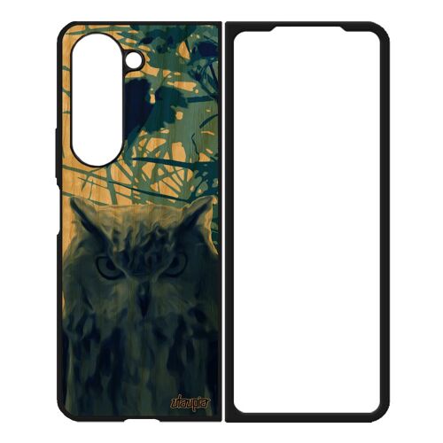 Coque En Bois Z Fold 5 Silicone Hibou Bleu Feuilles Telephone Case Original Design Tpu Oiseau Mobile Nature Animal De Samsung Galaxy