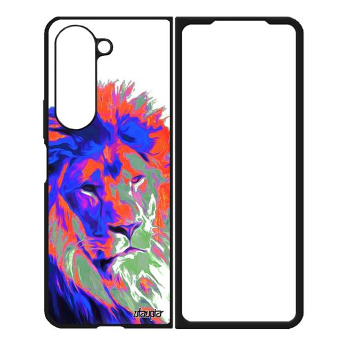 Coque Lion Galaxy Z Fold 5 Silicone Antichoc Design Peinture Street Art Felin Pochoir Dessin Fauve Orange Lionne Noir Savane Samsung