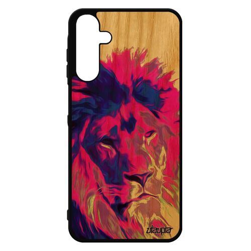 Coque A15 4g 5g Vrai Bois Silicone Lion Lionne Pochoir Rigide Etui Animaux Roi Design Pop Art Felin Animal Rose Fauve Samsung Galaxy