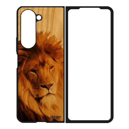 Coque Samsung Z Fold 5 Bois Silicone Lion Frêne Beige Animaux Felin Fauve Cover Animal Roi Telephone Design Peinture Mobile Galaxy