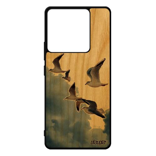 Coque Silicone Xiaomi Redmi Note 13 Pro 5g En Bois Veritable Oiseaux Mouettes Animal Nature Solide Telephone Design Nuage Portable