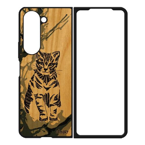 Coque Bois Samsung Z Fold 5 Silicone Chat Motif Felin Ethnique Animaux Gris Chaton Noir Et Blanc Antichoc Dessin Sm-F946b 4g Galaxy