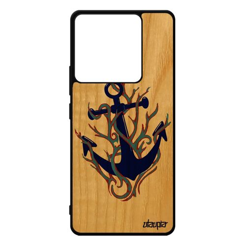 Coque Xiaomi Redmi Note 13 Pro 5g En Bois Silicone Ancre Old School De Luxe Ocean Colore Case Crayon Bleu Couleur Flamme De Bateau