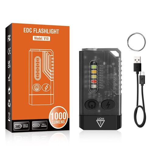 Lampe de poche V10, mini lampe de poche EDC 1000 lumens avec lampe de poche UV 365 nm LED super lumineuse rechargeable puissante avec buzzer pour camping, randonnée, urgence [Classe énergétique A+++]