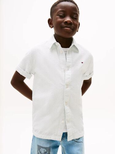 Chemise En Coton À Manches Courtes Seersucker Shirt Ss/Breezy Blue White Stripe - 98 Cm