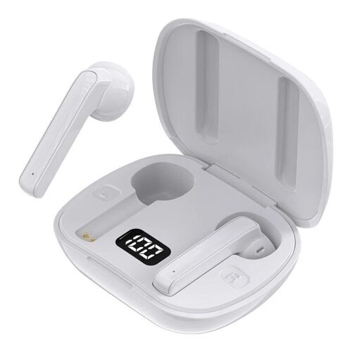 TWS écouteurs Bluetooth sans fil V5.0 Casque Bluetooth à affichage numérique stéréo Contr?le tactile Réduction du bruit Mini, Blanc