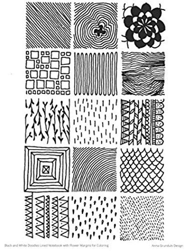 Black And White Doodles Lined Notebook With Flower Margins For Coloring