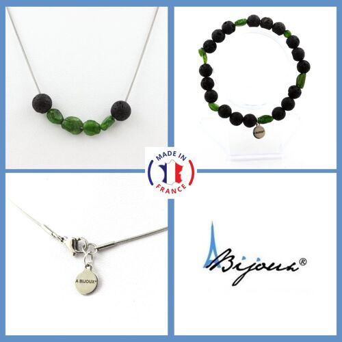 Parure Bijoux Bracelet Collier Perles Diopside Du Brésil + Lave 8 Mm. Taille Personnalisable.
